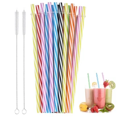 Image of 16 Pcs Plastic Straws,Reusable Straw,Drinking Straws,Thick Drinking Straws Striped Hard Bpa Free Long with 2 Cleaning Brush for Tumbler Cocktails