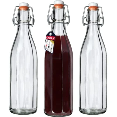Image of KADAX Flip Top Bottle, Glass Flask with Rubber Cork, Beer Container, Fermentation Swing for Kombucha, Water, Carbonated Drinks (1000ml, pack of 3)