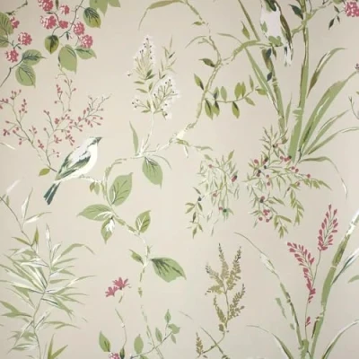 Image of YöL Mariko Natural Wallpaper Floral Treebird Leaves Botanical Naturistic Metallic Effect Stylish Trendy Feature Wall