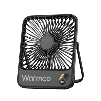 Image of Warmco 10000mAh Portable Desk Fan 7 inch, Thin, Quiet Operation, Battery Operated Personal With Strong Wind Digital Display for Office,Travel,Library,Bedroom,Outdoor,Camping Black