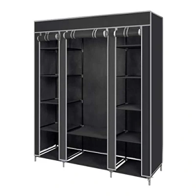 Image of Mondeer Canvas Wardrobe Cupboard Clothes Hanging Rail Storage Shelves, Organiser for Bedroom, Portable Clothes, Black