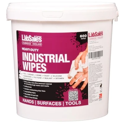 Image of Labsales Heavy Duty Industry Cleaning Wipes, Antibacterial, XL Textured Wipes For Hands, Surfaces &amp; Tools, Tough On Stains Kind Skin, Tub Of 600 Wet
