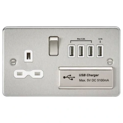 Image of KnightsBridge Socket with Quad USB Flat Plate Brushed Chrome, White Insert