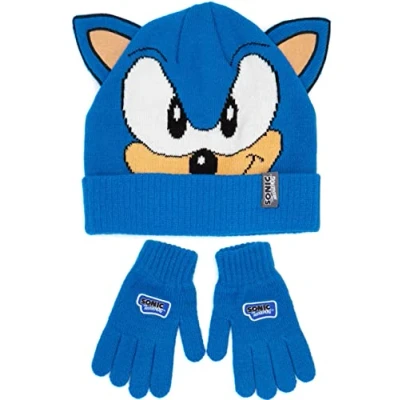 Image of SONIC THE HEDGEHOG Beanie Hat and Gloves Set Kids Children Boys Girls Character Face 3D Ears Blue Winter Double Lined One Size