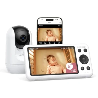 Image of momcozy Smart WiFi Baby Monitor with Camera and Audio, 5&quot; 1080P Screen Wall Mount, Motion &amp; Cry Detection, Safe Fence, Clear Night Vision, 5000mAh Battery, 2 Way Talk, Photo Video Recording