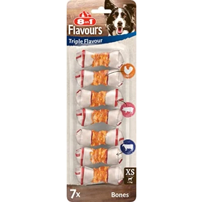 Image of 8in1 Triple Flavour bones XS chewy dog with chicken fillet, pork hide and beef hide, 7 pcs.