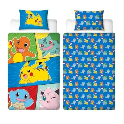Image of Pokemon Officially Licensed Retro Design Single Duvet Cover Set Reversible 2 Sided Pikachu Characters Bedding Including Matching Pillow Case Perfect For Kids Bedroom Polycotton