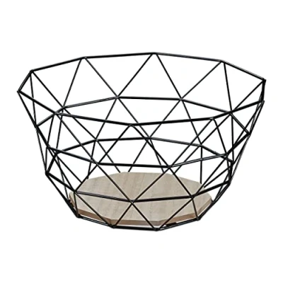 Image of Relaxdays Fruit Bowl, Decorative Wire Basket, Fruits &amp; Vegetables, Iron Wood, Industrial Design, 14.5 x 28 cm, Black