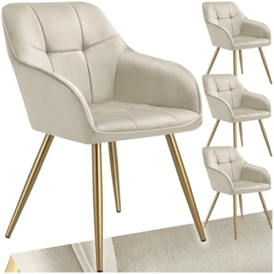 Image of TecTake® Set of 4 Dining Chairs with Quilted, Velvet Look Covers, Armchair Continuous Backrests, Gold Steel Legs &amp; Soft Padding, Ideal as Room, Kitchen Desk Cream/Gold
