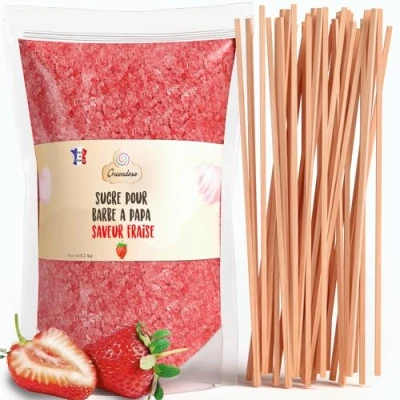 Image of GREENDOSO® Sugar For Candy Floss Machine 1,2 KG Strawberry 50 Sticks Measuring Spoon MADE IN FRANCE