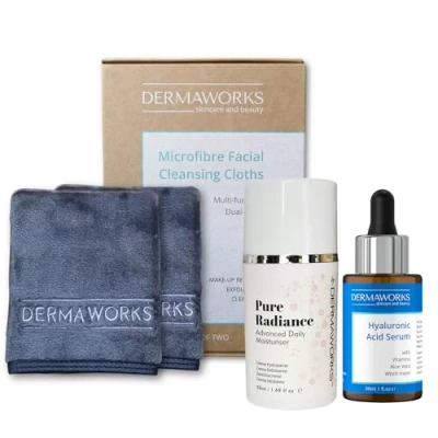 Image of Skincare Gift Set Women: Advanced Face Cream Moisturiser 50ml + Exfoliating Flannel Cloths Hydrating Hyaluronic Acid Serum with Vitamin C &amp; E 30ml Anti aging Wrinkle by DERMAWORKS UK
