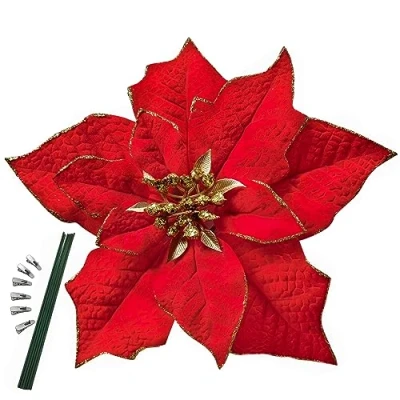 Image of M2cbridge Artificial Christmas Flowers Red Velvet Poinsettia Floral Picks for Wreath Tree Ornaments(6pcs Large Red)