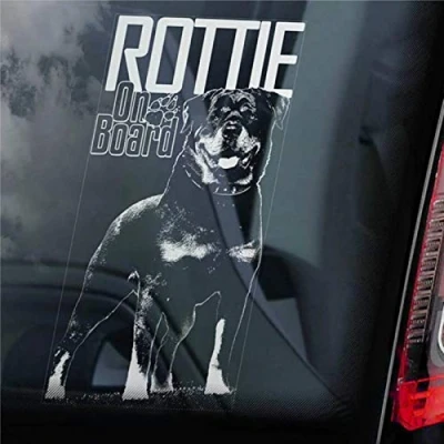 Image of Rottweiler on Board Car Sticker Rottie Beware of The Dog Sign Decal Vinyl Window Bumper Stickers Die Cut Decals Present