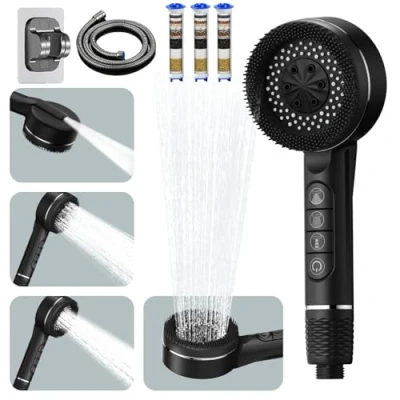 Image of High Pressure Shower Heads, Hard Water Filter Head with 1.5m Hose and Stand, 4 Mode Power Pause Switch, Pro Showerhead Filter, Black