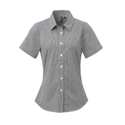 Image of Premier Womens/Ladies Gingham Short Sleeved Shirt (Black/White) Size 12 UK