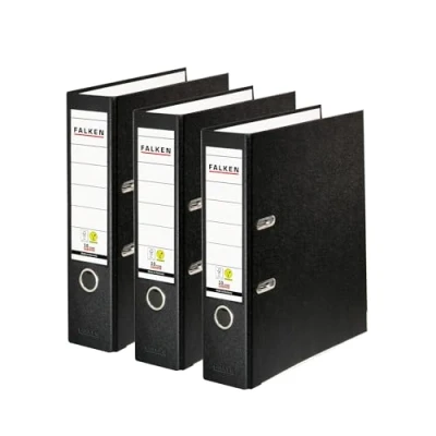 Image of Original Falken Pack of 3 Polypropylene Colour Folders, Made in Germany, 8 cm Wide, DIN A4, Black, Vegan Plastic Folder, Ring Binder, Letter Office Slotted Folder