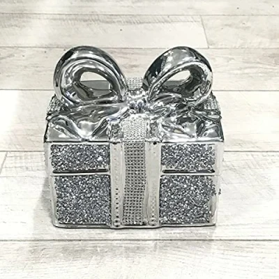Image of Touch of Venetian Silver Crushed Diamond Sparkly Gift Box Present Bow Ornament Shelf Sitter Bling
