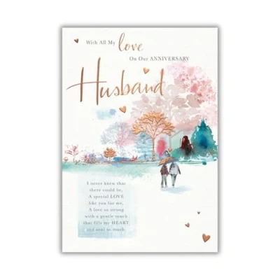 Image of Husband Anniversary Card Watercolour Woodland Walk Embossed with a Foil Finish Eco Friendly and Recyclable by Words &#039;n&#039; Wishes