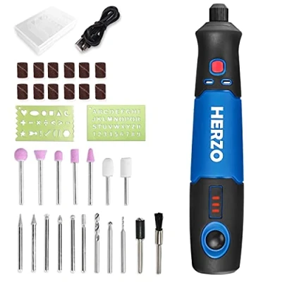 Image of HERZO Cordless Rotary Tool,Mini Tool Kit 32 pcs Accessories 3.7V with Speed 5000 15000rpm, Electric Grinder for Polishing, Cleaning, Engraving DIY…