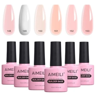 Image of AIMEILI Hema Free 8 in 1 Builder Nail Gel Set, Sheer Color Base Strengthening Extension Glue a Bottle, UV LED Polish 6pcs X 10ml Gift Kit 36