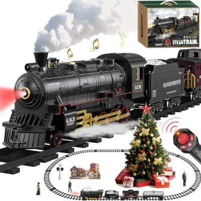 Image of Electric Remote Control Train Set Christmas Trains Steam Locomotive, Cargo Car &amp; Tracks, Rechargeable Toys for Kids w/3 Smoke,Whistle Lights, Birthday Gift Boys Girls 3 4 5 6 7