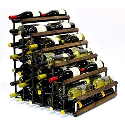 Image of Double Depth 54 Bottle Dark Oak Stained Wood and galvanised Metal Wine Rack Ready Assembled