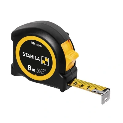 Image of STABILA BM 100 Pocket Tape Measure 8 m Metric Scale Shatterproof ABS Housing Movable Start Hook Belt Clip MID Accuracy, black/yellow