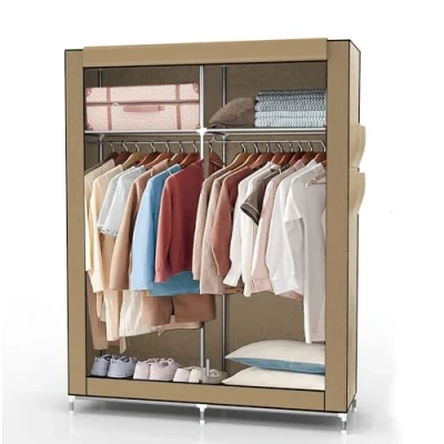 Image of INTIRILIFE folding wardrobe 108x170x45 cm in CRÈME BEIGE Fabric with zip and clothes rail, side pocket compartments Plug shelf, metal frame, storage