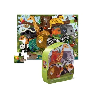 Image of Crocodile Creek Jungle Friends 36 Piece Jigsaw Floor Puzzle with Heavy Duty Shaped Box for Storage, Large 20&quot; x 27&quot; Completed Size, Designed Kids Ages 3 Years and up