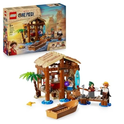 Image of LEGO ONE PIECE Windmill Village Hut Toy with a Boat, Young Luffy, Shanks &amp; Makino Minifigures plus Accessories incl. Wanted Poster Anime Gift for 8+ Year Old Boys, Girls Fans 75636