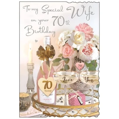 Image of Wife 70th Birthday Card Special Age 70 Artistic Feminine Design Champagne and Flowers Finishes Illustrated Insert Leaf Made in the UK