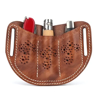 Image of TOURBON Leather Pocket Tool Belt Pouch 3 Slots EDC Multitool Organizer Sheath Pen Holder