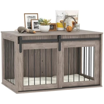 Image of PawHut Dog Crate Furniture, House Furniture Style for Large Dogs, Kennel with Removable Cushion Indoor Use, 98 x 58 61cm, Brown