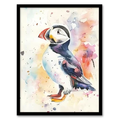 Image of Artery8 Cute Puffin Bird Colourful Watercolour Portrait Living Room Artwork Framed Wall Art Print 18X24 Inch