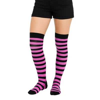 Image of Crazy Chick® Stripe Over The Knee Socks Thigh High Girls Stretchy OTK Fancy Dress (Black &amp; Pink)