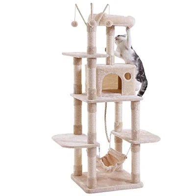 Image of Cat Tree, Scratch Post Multi Level Stable Climbing Tower Activity Trees with Ladder, Furniture Play House for Kitty Kitten, Indoor Pet (Beige 50 * 154cm)