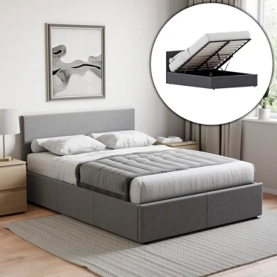 Image of Vida Designs Veronica Double Ottoman Bed, 4ft6 Bed Frame Storage Lift Upholstered Fabric Headboard Bedroom Furniture, Dark Grey Linen