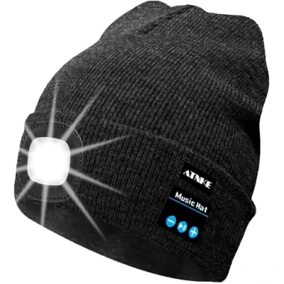 Image of ATNKE LED Lighted Bluetooth Beanie Cap, USB Rechargeable Wireless Musical Running Hat Ultra Bright 4 Waterproof Light Lamp Use for Skiing Hiking Camping Cycling (Dark Grey)