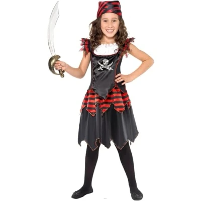 Image of Smiffys Pirate Skull &amp; Crossbones Girl Costume, Black with Dress Headscarf, Girls Fancy Dress, Up Costumes