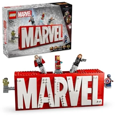 Image of LEGO Marvel: MARVEL Logo &amp; Minifigures Super Hero Building Toy with 5 Characters incl. Iron Man, Thor, Black Widow Hulk Avengers Gift for 12+ Year Old Boys, Girls Teens 76313