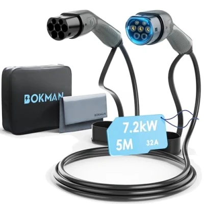 Image of bokman Type 2 EV Charging Cable, Mode 3 / 32A 7.2KW 1 Phase 5 Meter, Electric Vehicle Car Plug in Hybrid to Fast Cable