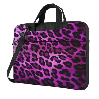 Image of Purple Leopard Laptop Bag for Women Men 15.6&quot; Computer Sleeve Business Travel Briefcase Messenger Bag, Black, 13 inch