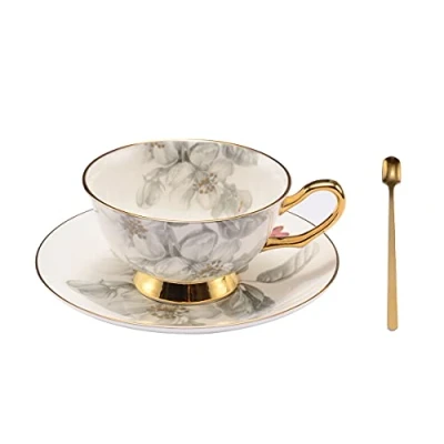 Image of Pfedxoon Bone China Tea Cup with Saucer Spoon 3 Piece Set（240ml） Cappuccino Cups, Coffee Set, British Porcelain Latte Mother&#039;s Day Gift (Gray)