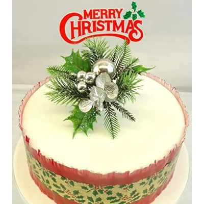 Image of Christmas Holly Leaf Silver Bauble Spray, Red/Gold Motto, Traditional Cake Frill The Complete Set