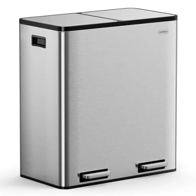 Image of VonHaus Double Recycling Bin 60L for Kitchen Stainless Steel with Two Compartments 2 x 30L Removeable Inner Bins Dual Waste Pedal Feet