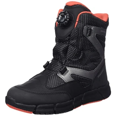 Image of Geox J Flexyper BOY B ABX Laceup ankle boots for kids, Size: 2.5, Black/orange Synthetics/textile
