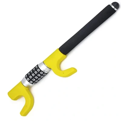 Image of KRASER KR940B Heavy Duty Steering Wheel Lock Keyless Combination Code, Most Visible Deterrent Yellow Coated Reinforced Steel, Emergency Hammer, Universal Anti Theft Device Car SUV Pick Up Truck Van