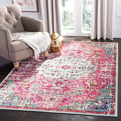 Image of SAFAVIEH Modern Chic Rug for Living Room, Dining Bedroom Madison Collection, Short Pile, in Fuchsia and Teal, 122 X 183 cm