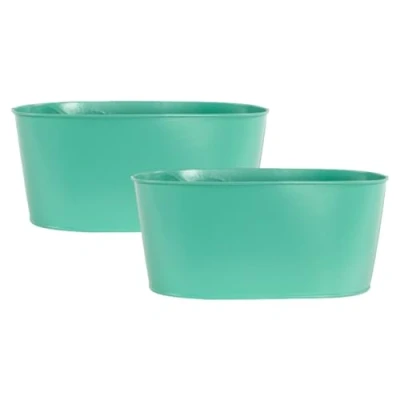 Image of Fyne Finds Set of 2 Teal Oval Metal Herb Trough 23cm, 9inch Galvanised Planter Outdoor Garden Flower Pot