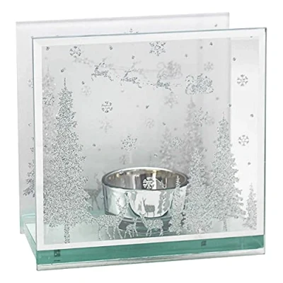 Image of Christmas Glitter Woodland Glass Tea Light Holder Silver